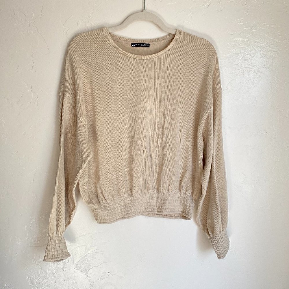 Zara Ribbed Knit Smocked Slouchy Long Sleeve Top Size Small